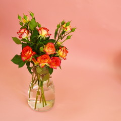 Fototapeta na wymiar A bouquet of roses in glass vase on pink background.