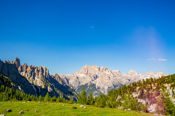 View of the Dolomite mountains at the Città di Carpi refuge, Belluno - Italy