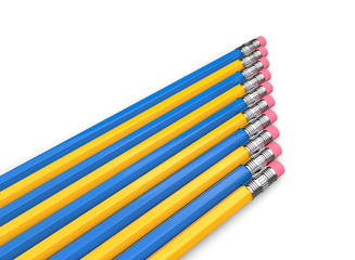 Eraser ends of blue and yellow pencils in a row