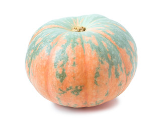 Ripe orange-green pumpkin (Cucurbita) isolated on a white background. Autumn harvest season