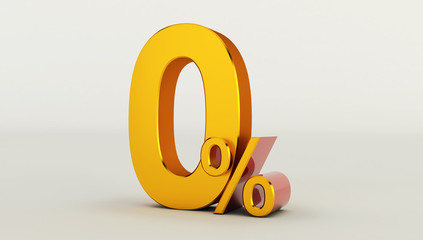 3D rendering of a golden zero percent on a white background. Sale of special offers. Discount with the price is 0%.