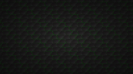 Abstract dark background of black trapezium tiles with green gaps between them