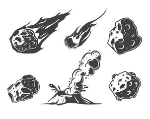 Meteors collection with falling comets. Asteroids. The volcano. Crater in cartoon style. © Igor