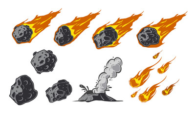 Meteors collection with falling comets. Asteroids. The volcano. Crater in cartoon style.