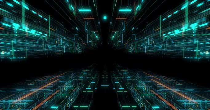 Quantum computer environment with digital technology, processing unit of an advanced Artificial intelligence. Flight through flow of digital information tunnel / cloud computing. loop / 3D render