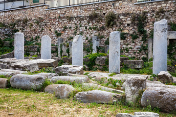 Detail of the ancient ruins at the Roman Agora located to the north of the Acropolis in Athens