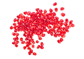 Pomegranate seeds isolated on white background, top view.