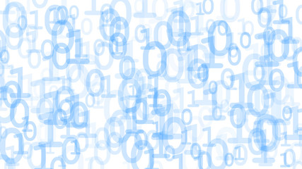 Abstract background of ones and zeros in various sizes, light blue on white