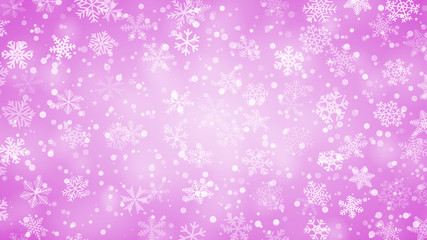 Christmas background of snowflakes of different shapes, sizes and transparency in purple colors