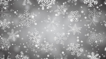 Christmas background of snowflakes of different shapes, sizes and transparency in gray and black colors