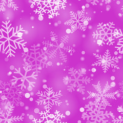 Christmas seamless pattern of snowflakes of different shapes, sizes and transparency in purple colors