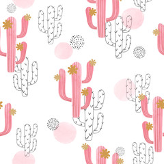 Seamless watercolor cactus pattern. Vector abstract illustration with pink flowering cactus © Afanasia