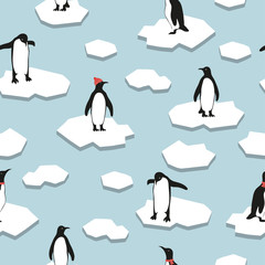 Obraz premium Seamless pattern with cute cartoon penguins on ice. Christmas vector illustration.