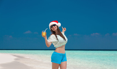 Maldives,  woman Christmas hat, landscape