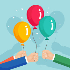 Bunch of helium balloon in hand, flying air balls  isolated on white background. Happy birthday, holiday concept. Party decoration. Vector cartoon design