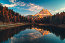 Aerial view of Lago Antorno, Dolomites, Lake mountain landscape with Alps peak , Misurina, Cortina d'Ampezzo, Italy