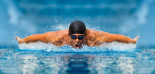 Man in swimming pool. Butterfly style