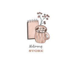 Stationery store logo. Notepad, flowers, coffee with marshmallows. Template, place for text. Illustration on white isolated background