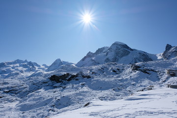 The Monte Rosa massif - Swiss north-western face with several glaciers (with one of the largest Alpine glaciers) flowing towards the Mattertal with Zermatt.