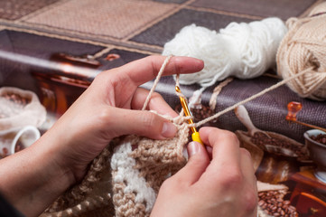 Woman hands knitting crochet.Crochet hook