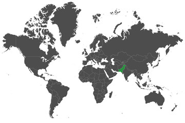 Fototapeta premium Pakistan wyróżniony zielonym znakiem na wektorze mapy świata