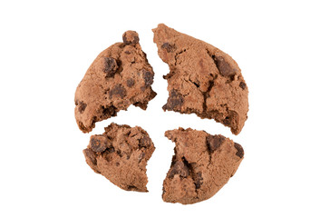 Broken chocolate cookies isolated on a white background.