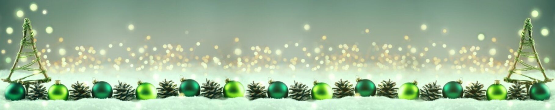 Abstract Christmas Background  -  Christmas decoration row in snow landscape  -   Pine cones, baubles and tree