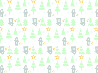 Fototapeta premium Christmas Icons background with New Year Tree, Snow and Stars. Happy Winter Holiday Wallpaper with Nature Decor elements. Fir Tree branch and snowflakes tiled background design.