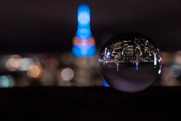 New York in a lensball, New York inside a crystal ball, USA night skyline, view from the Empire State building in Manhattan, night skyline of New York black and white photography