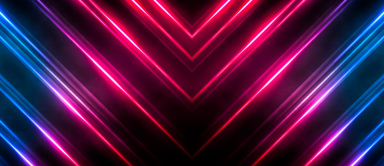 Dark abstract futuristic background. Neon lines, glow. Neon lines, shapes. Pink and blue glow. 