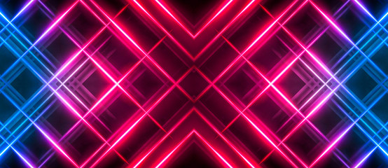 Dark abstract futuristic background. Neon lines, glow. Neon lines, shapes. Pink and blue glow. 