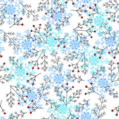 Seamless pattern with blue snowflakes and branch, white background, for material, postcards, invitations, new Year, Christmas, clothes, paper, holiday, wallpaper, wrapping, textile.Winter