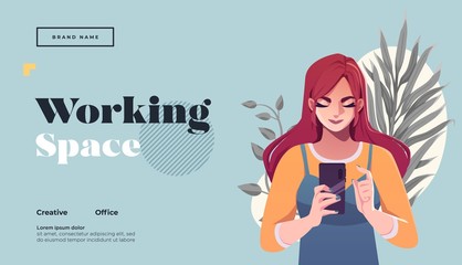 Working space Landing page template. Young female freelancer is sitting in modern hipster cafe at the table with take away coffee, mobile phone. Vector illustration