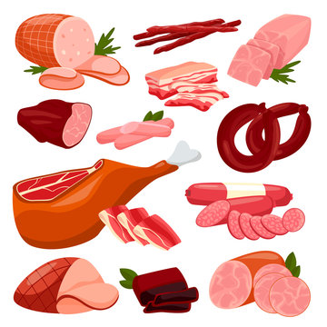 Fresh meat products collection, isolated on white background. Vector cartoon illustration. Food isolated design elements