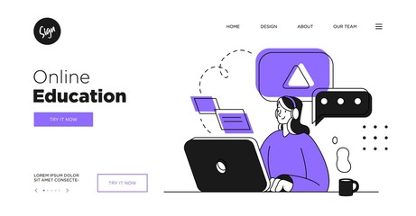 Presentation slide template or landing page website design. Business concept illustrations. Modern flat outline style. Online education courses
