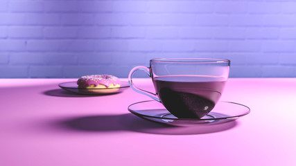 3D render of nice looking glass cup with coffee on a plate and colorful donut in the background. On the pink vibrant surface with blue brick wall in the background
