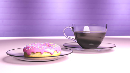 3D render of nice looking glass cup with coffee on a plate and colorful donut. On the bright surface with vibrant brick wall in the background
