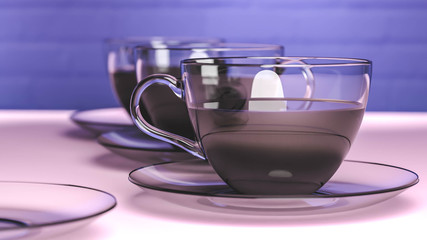 Obraz na płótnie Canvas 3D render illustration of 3 glass coffee mugs standing in row, on the bright surface, with colorful brick wall in the background. Three coffee cups on plates on kitchen table