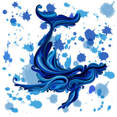 Abstract vector silhouette of a blue whale among drops of water