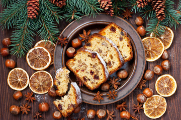 Traditional homemade  Christmas cake  with dried fruits and nuts