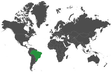 Fototapeta na wymiar Brazil country marked green on world map vector