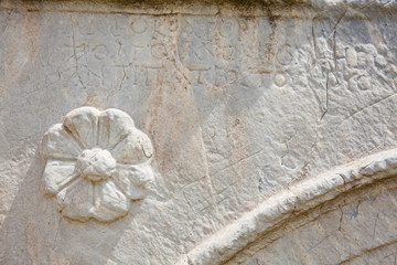 Detail of the carvings at the ancient ruins on the Roman Agora located to the north of the Acropolis in Athens