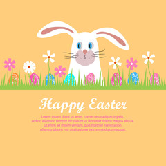 Happy easter. Poster with a white rabbit in the grass with Easter eggs. Greeting card, advertisement, hunting invitation for children. The head of a cute easter bunny. Flat cartoon vector illustration