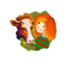 Taurus horoscope sign with children digital art illustration isolated on white. Little redhead girl playing with cow, youngster feeding young beef with straw web print t-shirt design poster with kid.