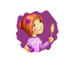 Virgo horoscope sign with children digital art illustration isolated on white. Young pretty girl looking at mirror, lady with bow in hairstyle enjoys makeup web print t-shirt design poster with kid.
