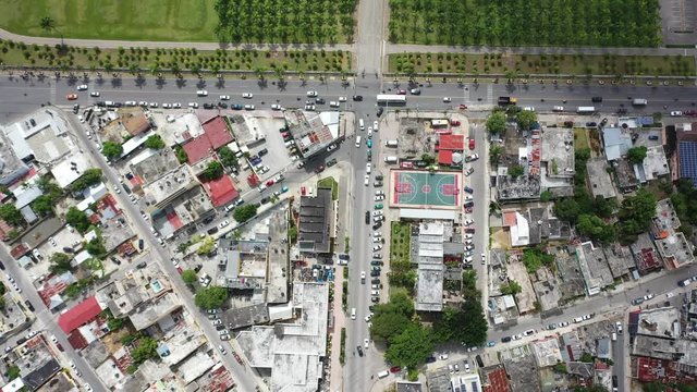 Aerial Drone view of Higuey city in Dominican Republic. Palm tree park in beautiful carribean island in central america. 