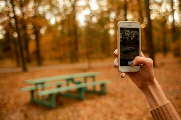 Female hand takes pictures of a beautiful autumn park on the phone. Lifestyle. 