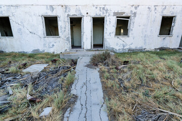 Old motel building ruin at the historic former Soda Springs resort in the mojave desert at the end of Zzyzx Road near Baker, California.