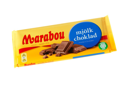 Stockholm, Sweden - November 17, 2017: Marabou milk chocolate bar for the Swedish market. Marabou is a Swedish chocolate brand, first launched in 1919. Package from November 2017 isolated on white bac