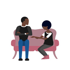 Black couple of man and woman are talking sitting on sofa. Flat style stock vector illustration.